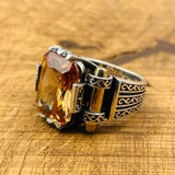 Men's Handcrafted Sterling Silver Champagne Citrine Square Ring - Unique Turkish Artistry