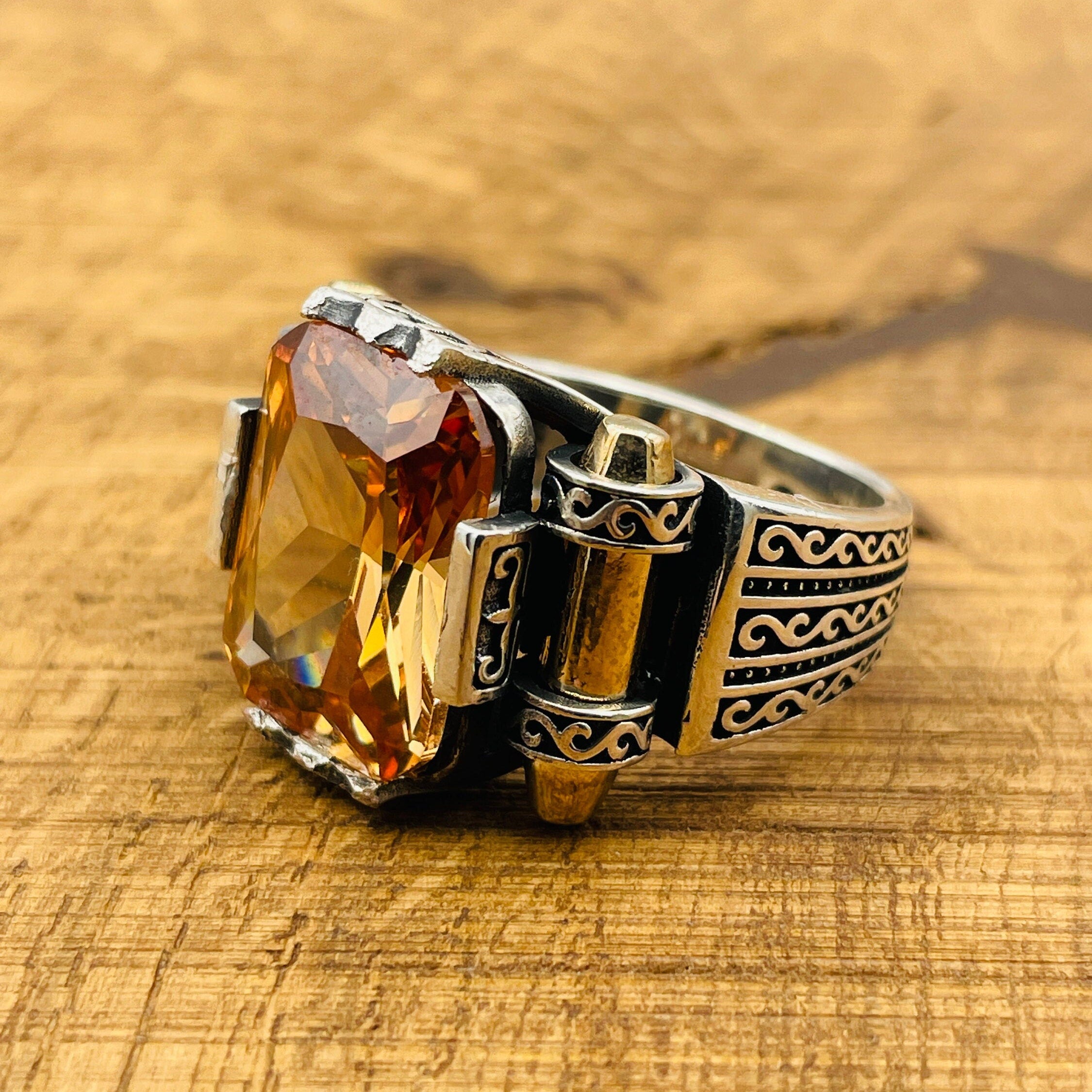 Men's Handcrafted Sterling Silver Champagne Citrine Square Ring - Unique Turkish Artistry