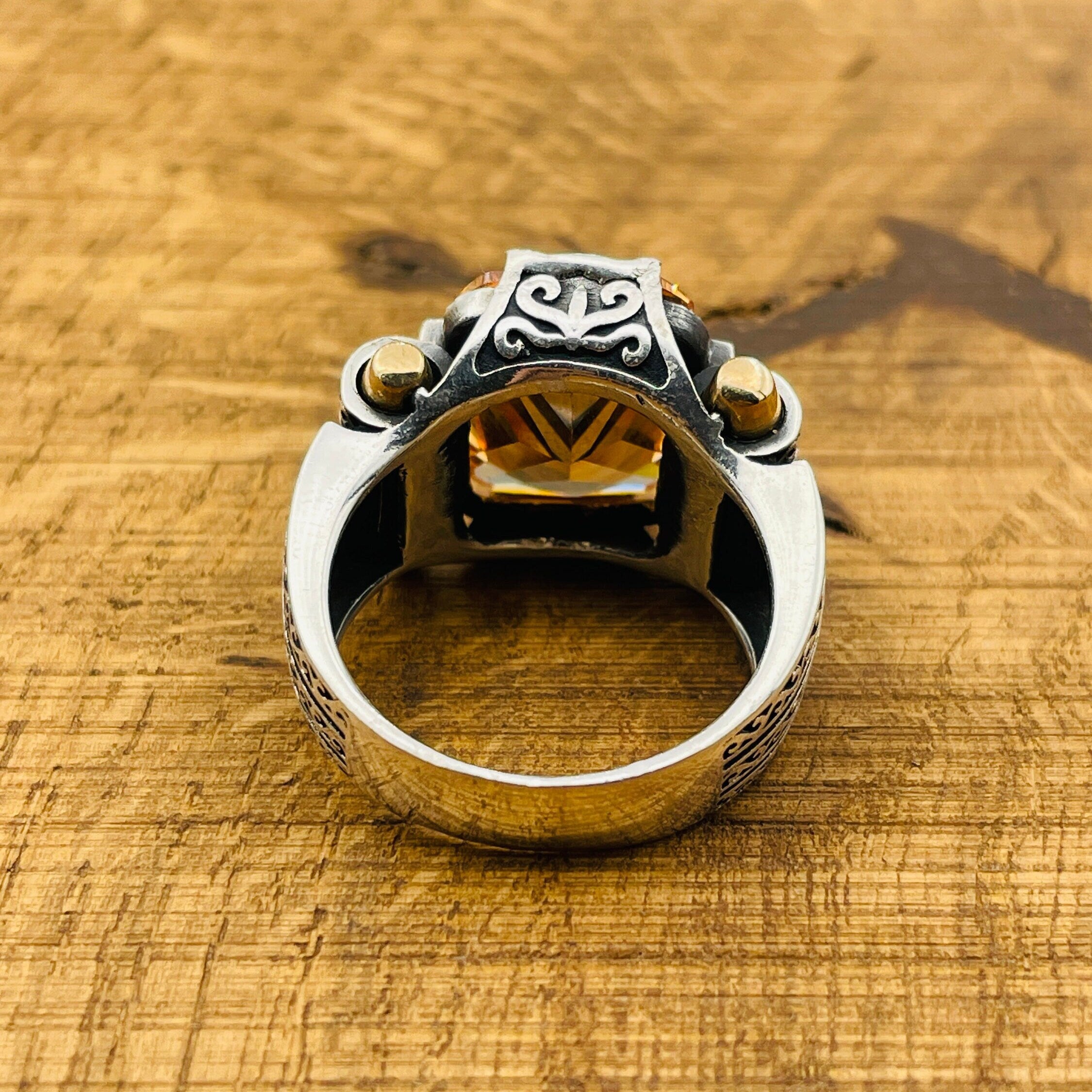 Men's Handcrafted Sterling Silver Champagne Citrine Square Ring - Unique Turkish Artistry