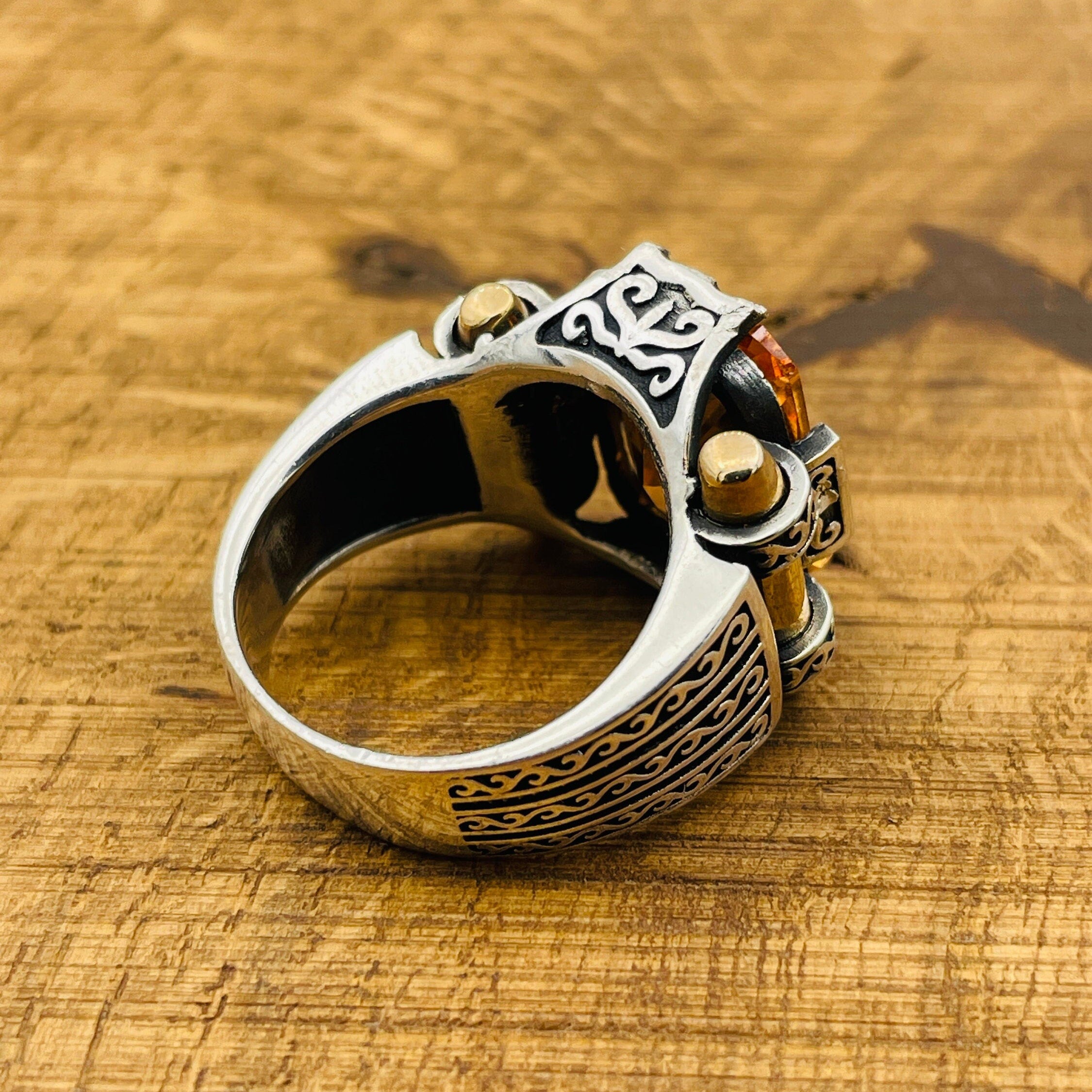 Men's Handcrafted Sterling Silver Champagne Citrine Square Ring - Unique Turkish Artistry