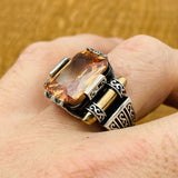 Men's Handcrafted Sterling Silver Champagne Citrine Square Ring - Unique Turkish Artistry