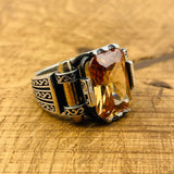 Men's Handcrafted Sterling Silver Champagne Citrine Square Ring - Unique Turkish Artistry