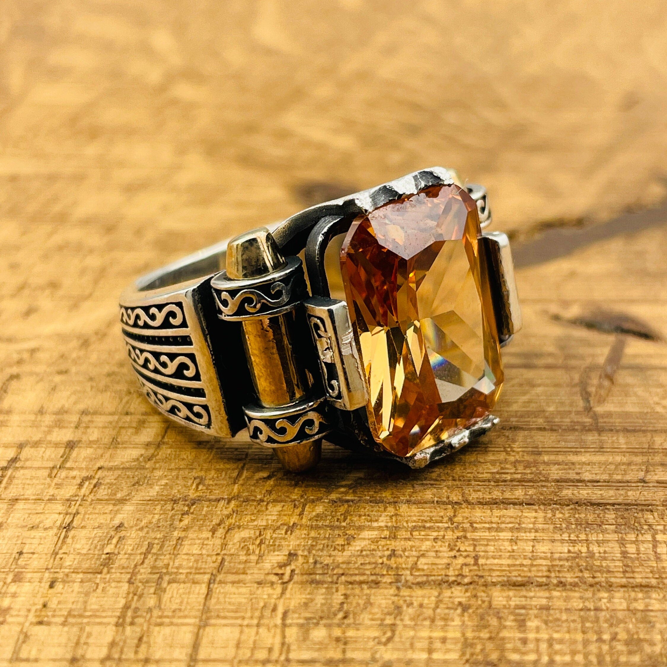 Men's Handcrafted Sterling Silver Champagne Citrine Square Ring - Unique Turkish Artistry