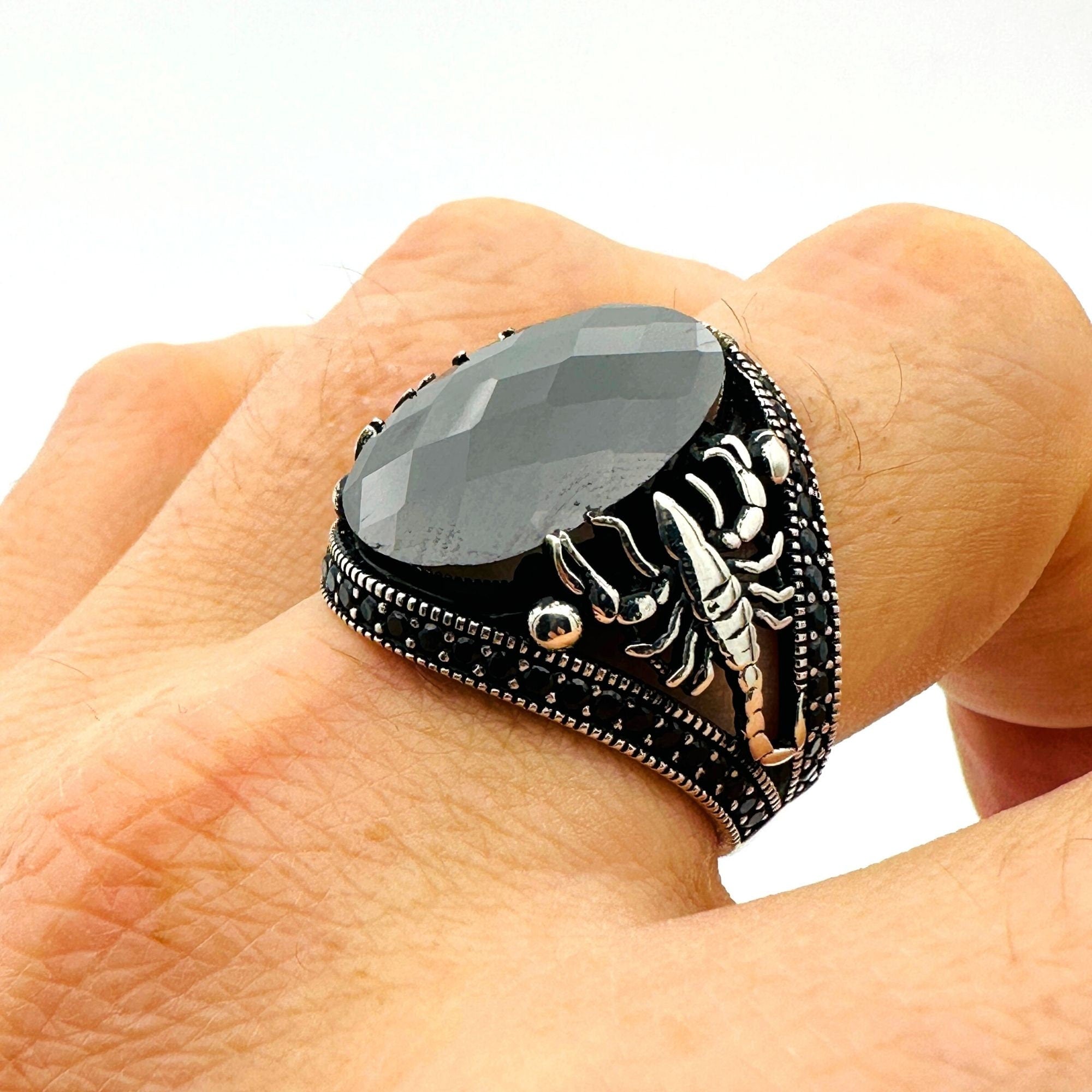Handmade Sterling Silver Scorpion Ring for Men | Black Onyx & Zircon | Turkish Artisan Jewelry