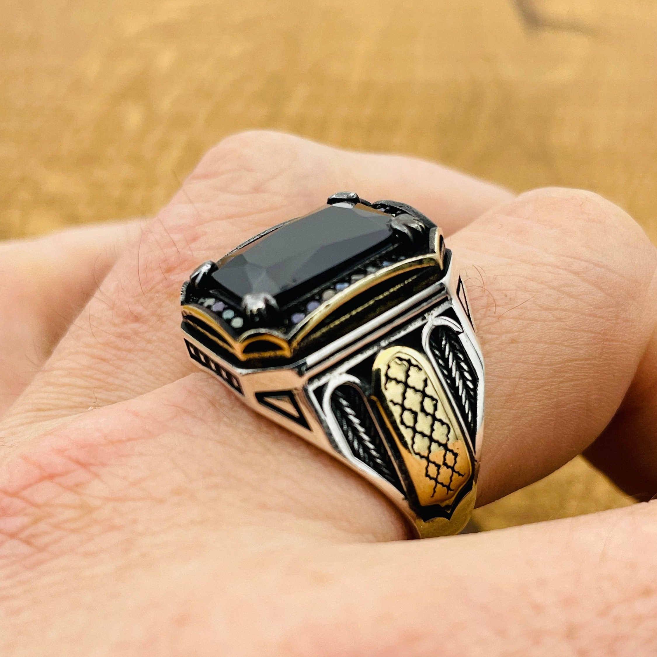 Authentic Turkish Handmade Men's Black Onyx 925 Sterling Silver Square Statement Ring