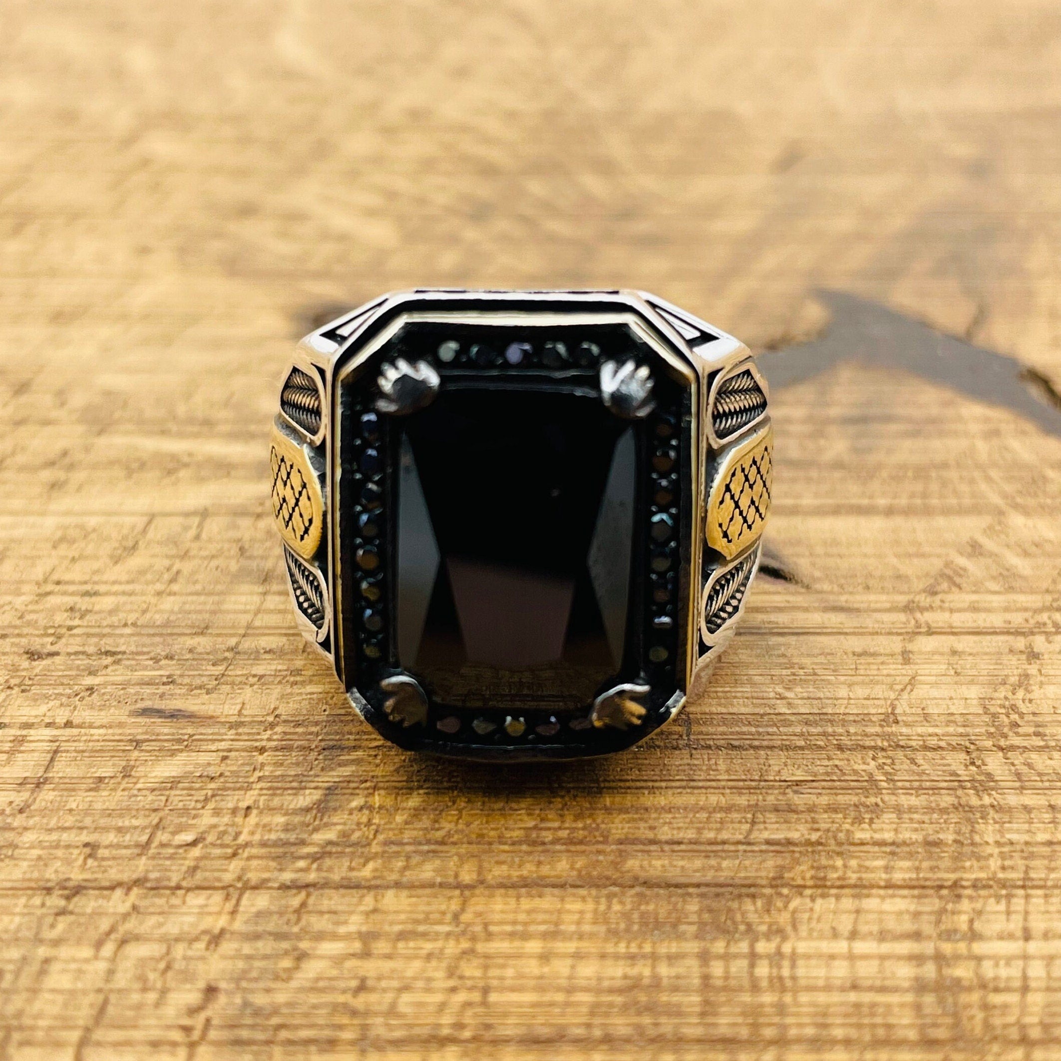 Authentic Turkish Handmade Men's Black Onyx 925 Sterling Silver Square Statement Ring