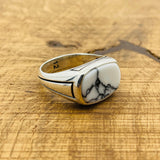 Men's Handcrafted 925 Sterling Silver White Turquoise Rectangle Ring - Unique Gift for Him
