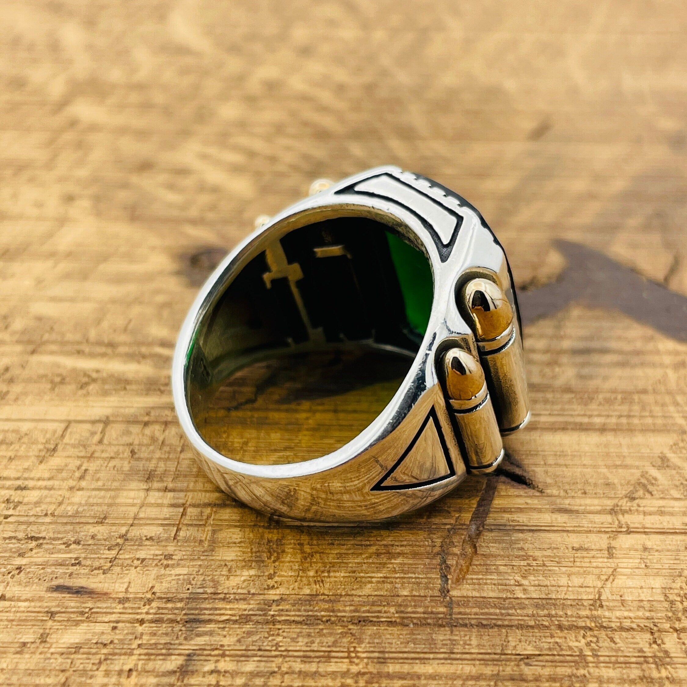 Green Emerald Square Stone Men's Silver Ring