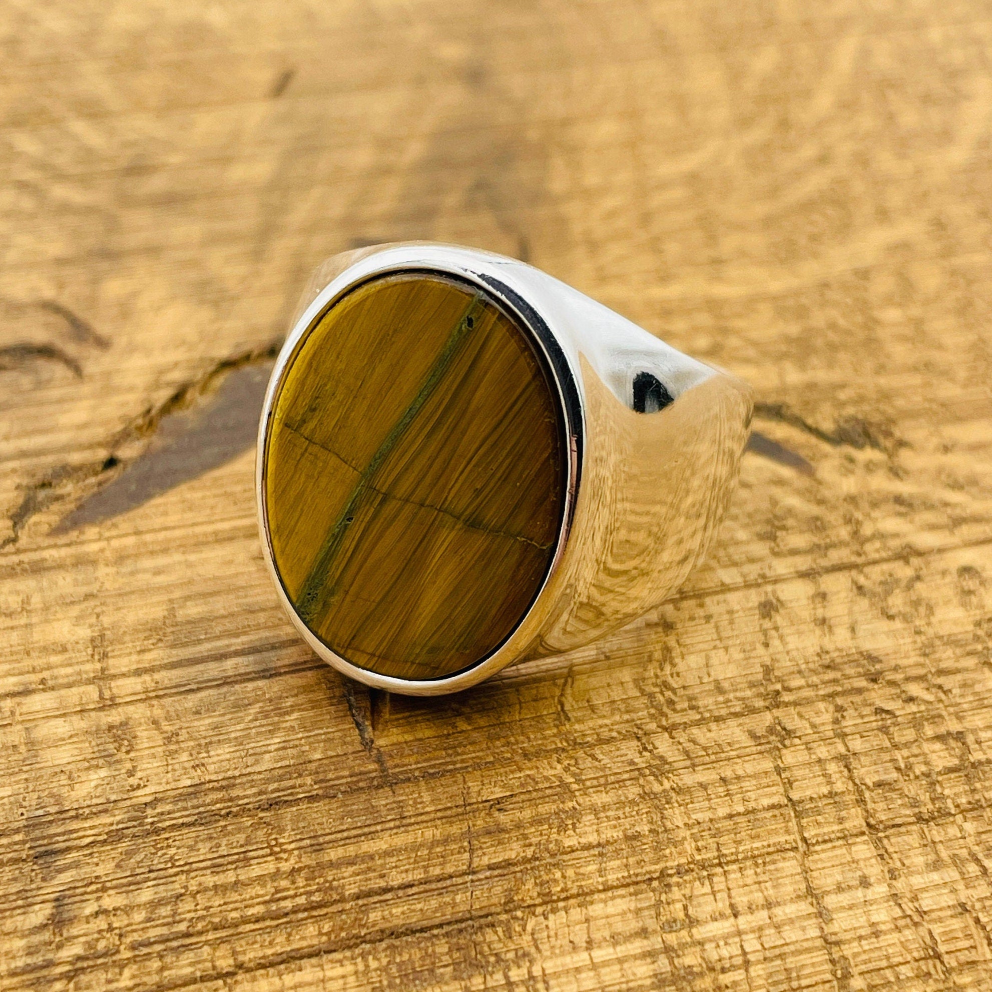 Brown Tiger's Eye Oval Stone Men's Silver Ring