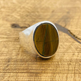 Brown Tiger's Eye Oval Stone Men's Silver Ring