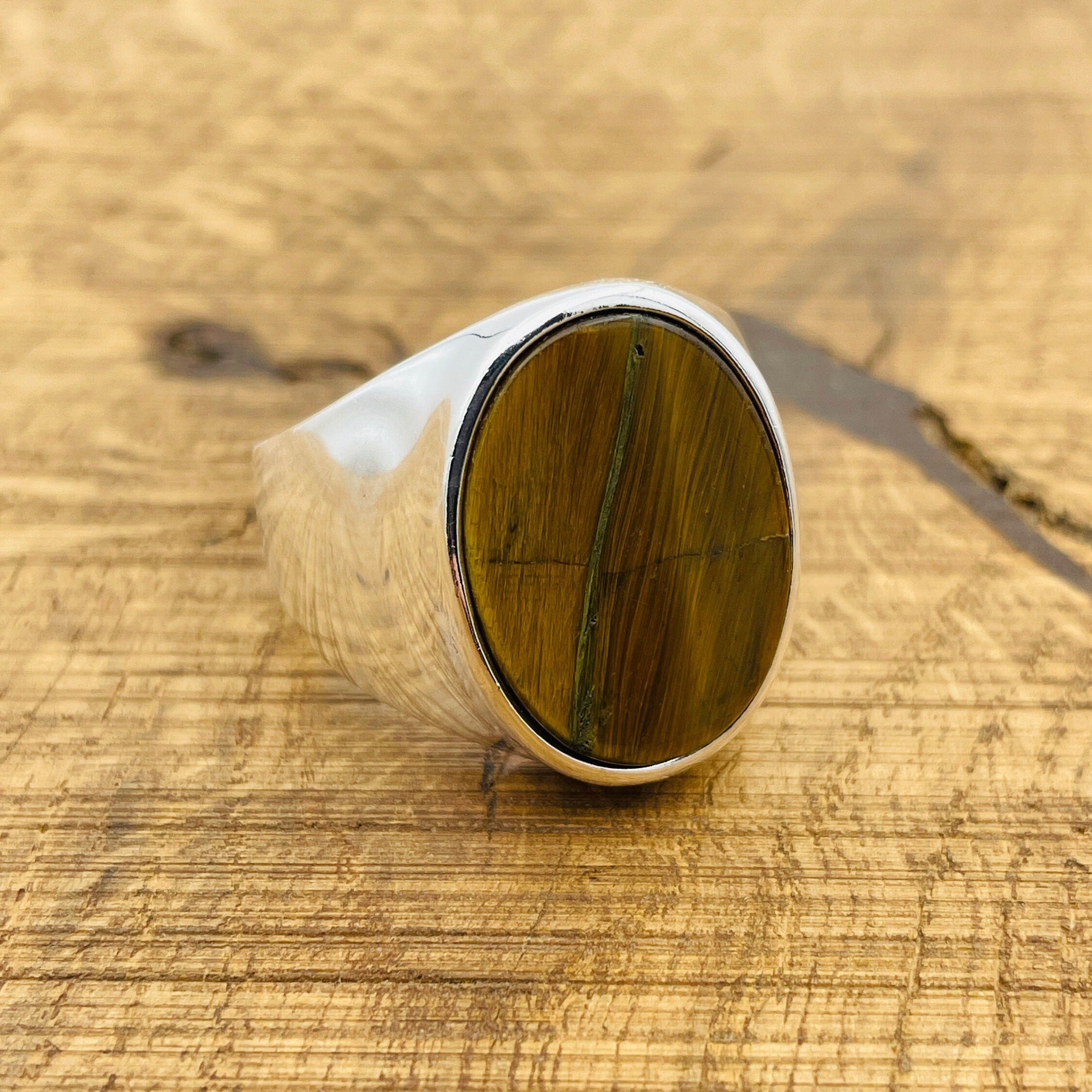Brown Tiger's Eye Oval Stone Men's Silver Ring