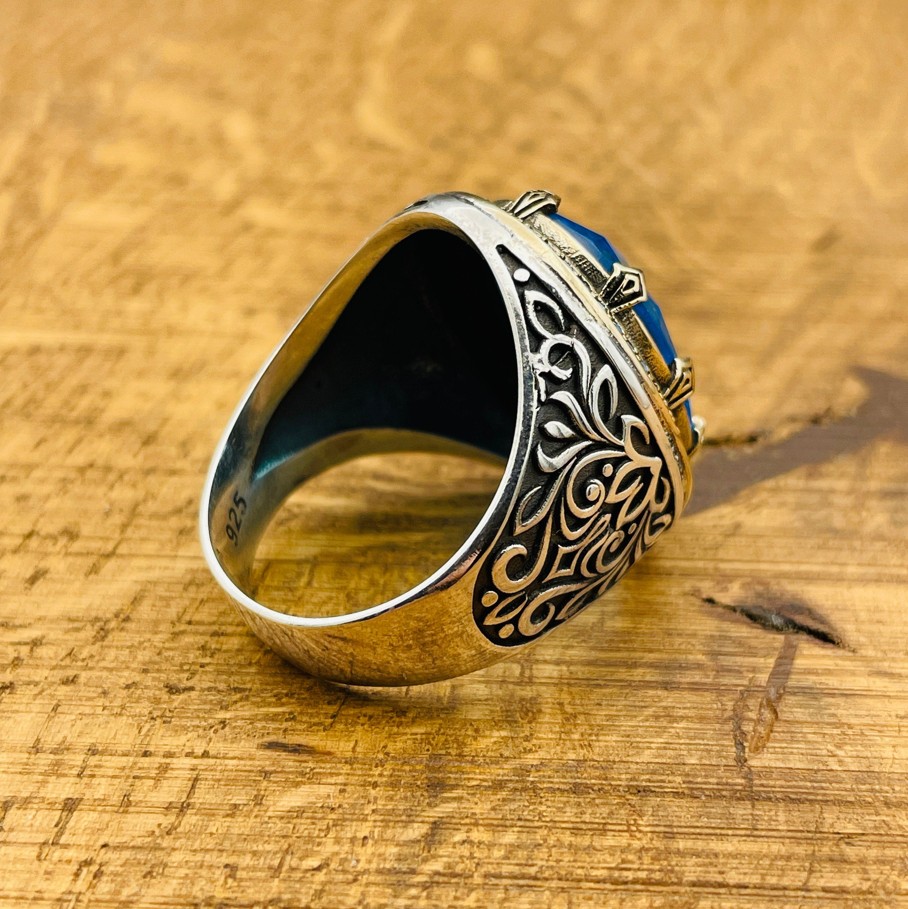 Exquisite Turkish Handmade Men's 925 Sterling Silver Aquamarine Ring - Oval Blue Gemstone Gift for Him