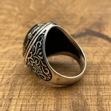 خاتم فضة استرليني فاخر للرجال بحجر التوباز الأسود والعقيق - مجوهرات تركية مصنوعة يدوياً