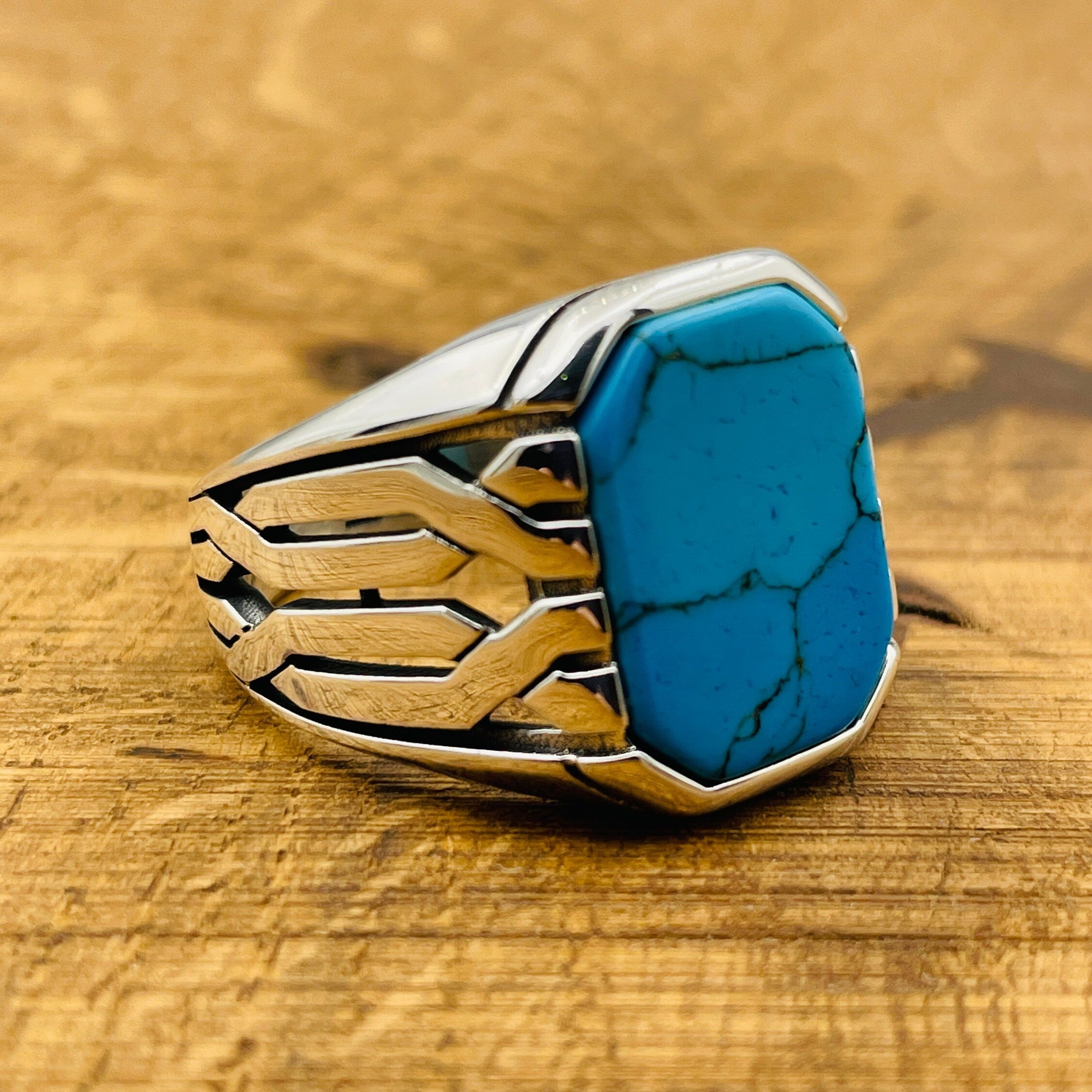 خاتم رجالي يدوي الصنع من الفضة الإسترلينية 925 عثماني مع الفيروز الأزرق المربع - مجوهرات بيان الحرفي التركي