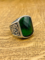 Turkish Handmade Men's 925 Sterling Silver Ring | Square Green Zircon Stone | Thoughtful Gift for Him