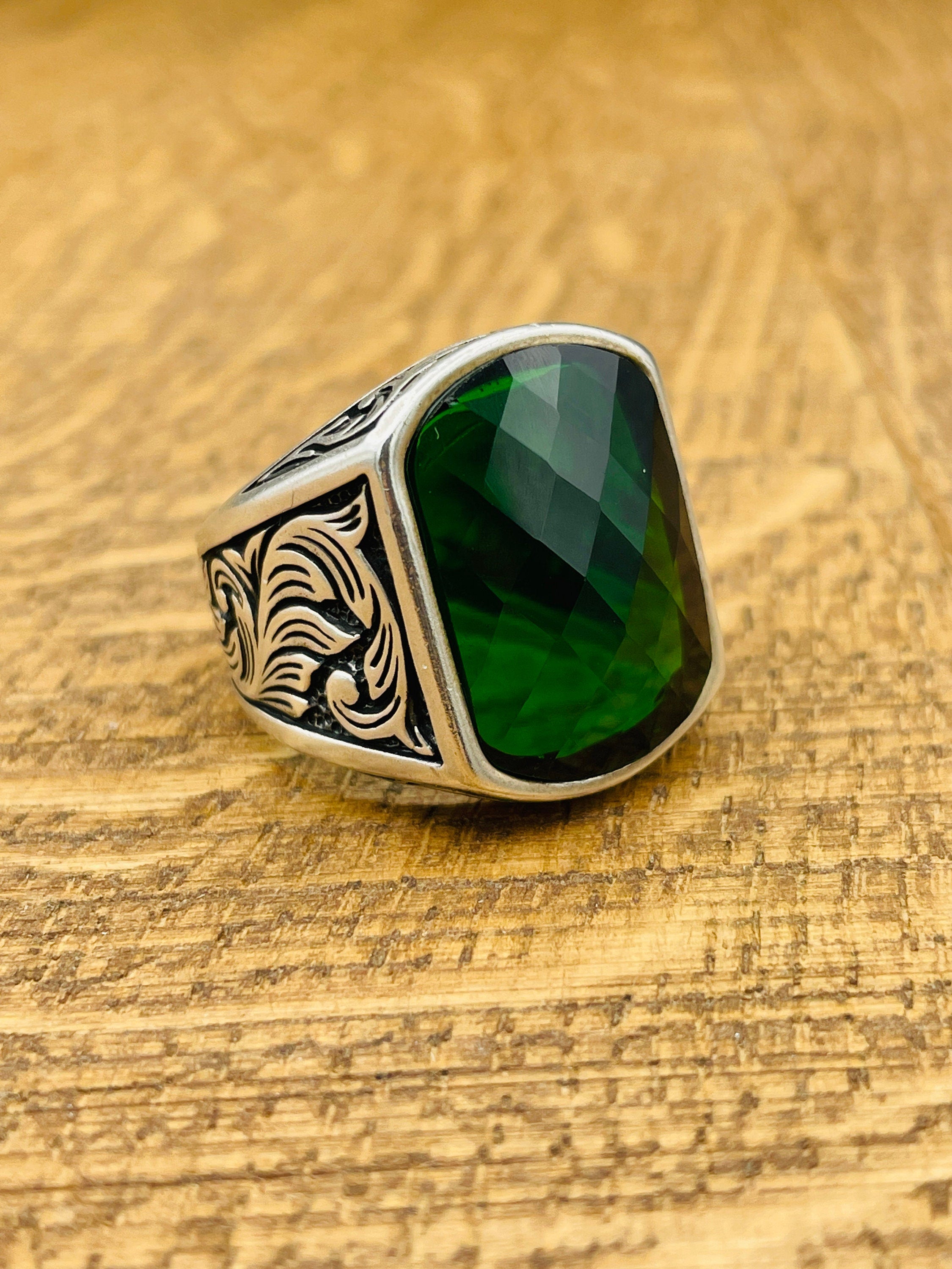 Turkish Handmade Men's 925 Sterling Silver Ring | Square Green Zircon Stone | Thoughtful Gift for Him