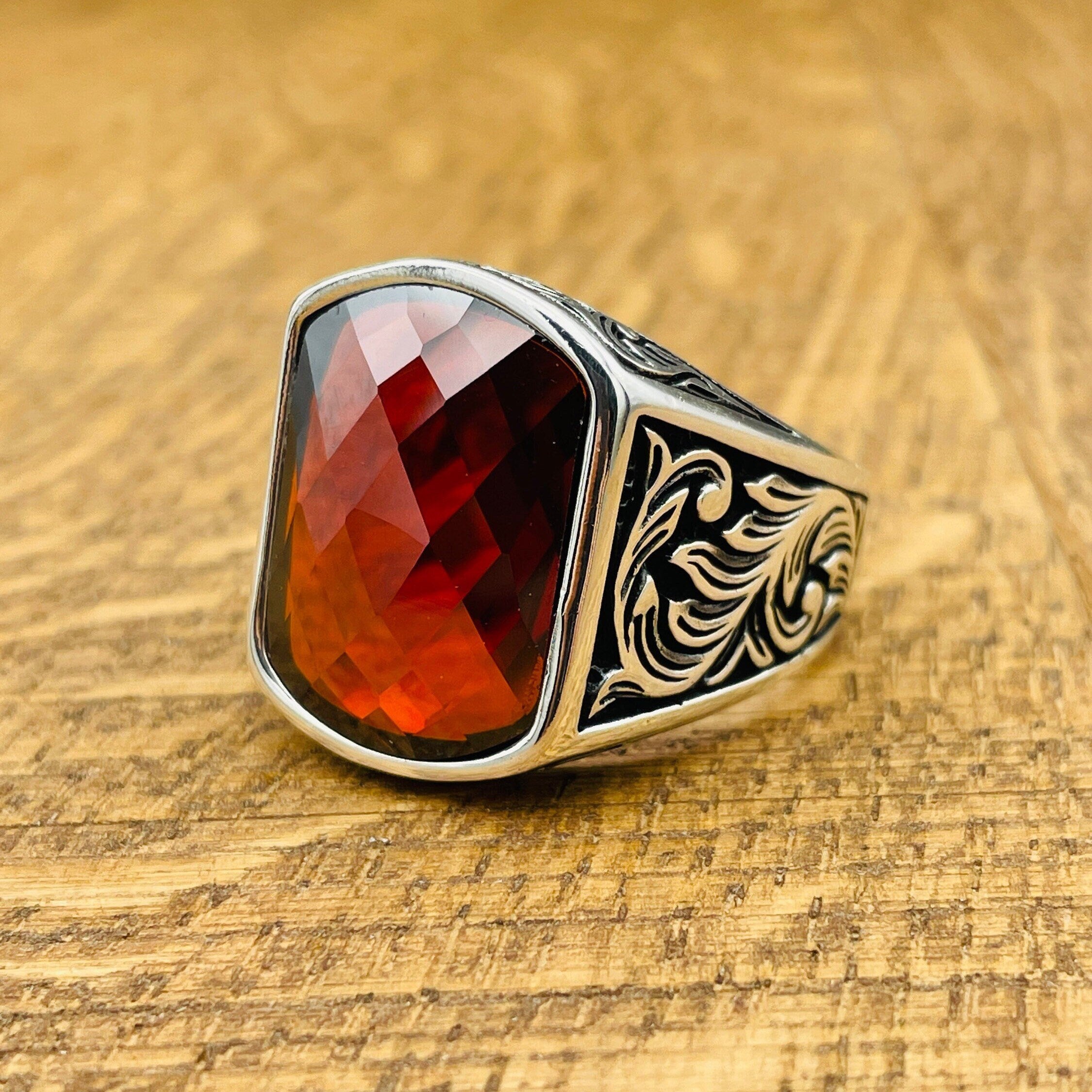 Men's Red Zircon Stone Silver Ring