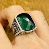 Turkish Handmade Men's 925 Sterling Silver Ring | Square Green Zircon Stone | Thoughtful Gift for Him