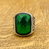 Turkish Handmade Men's 925 Sterling Silver Ring | Square Green Zircon Stone | Thoughtful Gift for Him