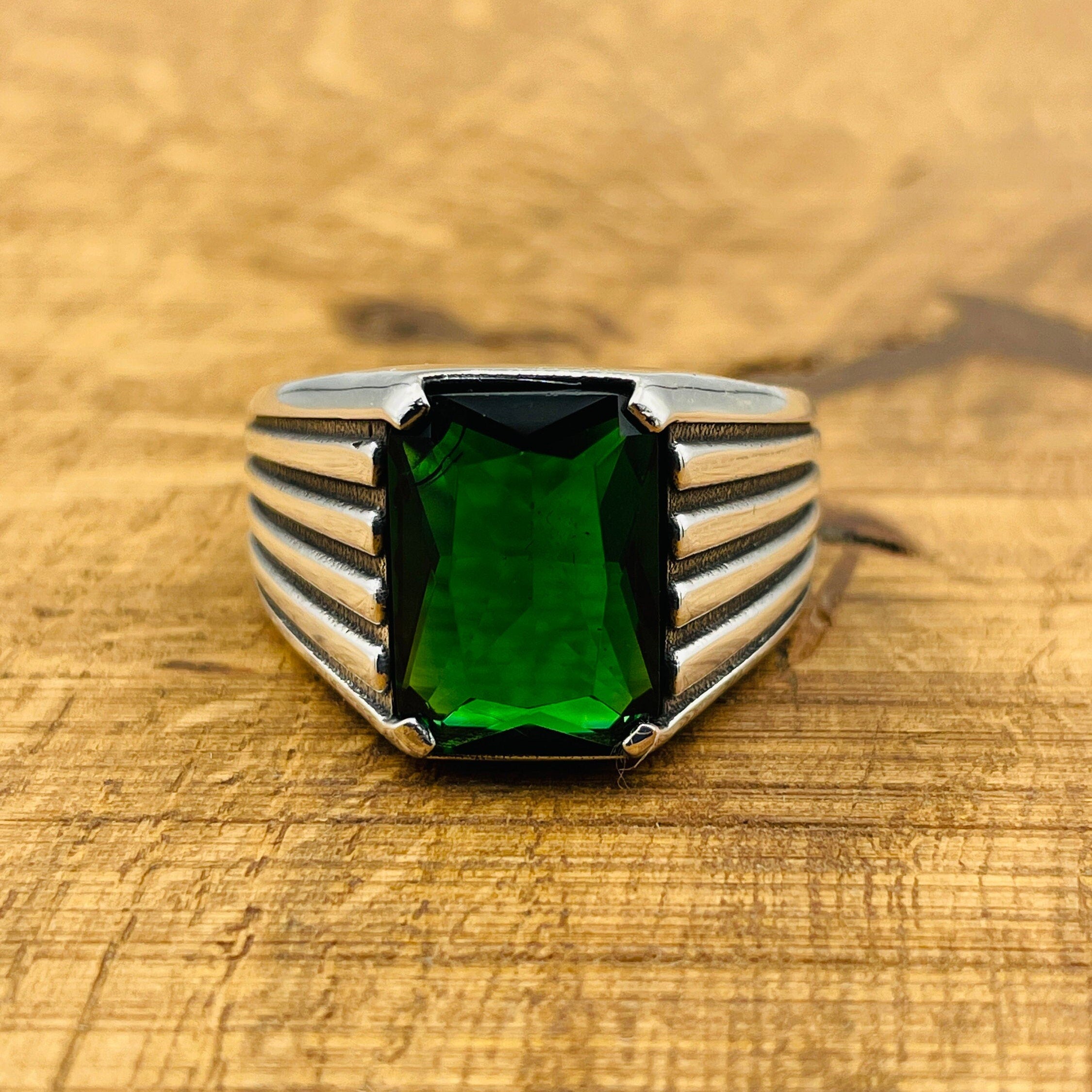 Men's Turkish Handmade 925 Sterling Silver Emerald Ring - Square Green Gemstone Jewelry Gift