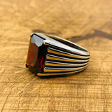 Authentic Turkish Handmade Men's Ruby Square Ring - 925 Sterling Silver Gemstone Jewelry, Gift-Ready