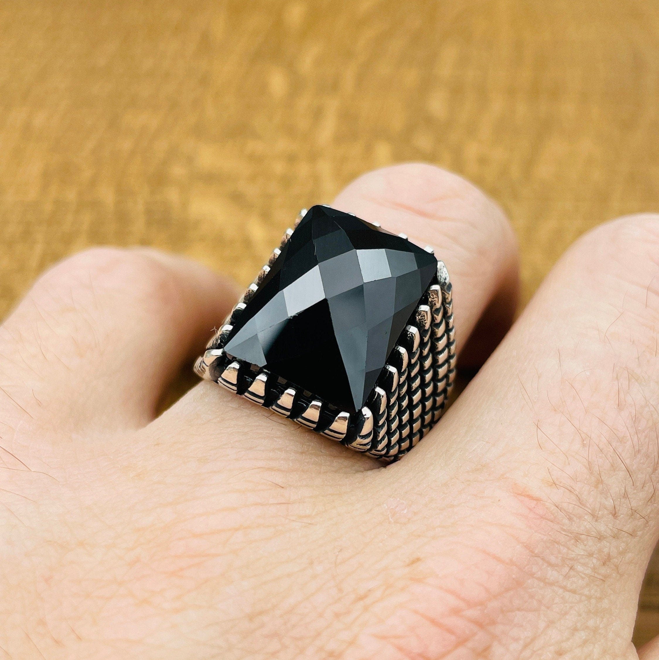 Handmade Turkish Men's Sterling Silver Black Zircon Ottoman Ring