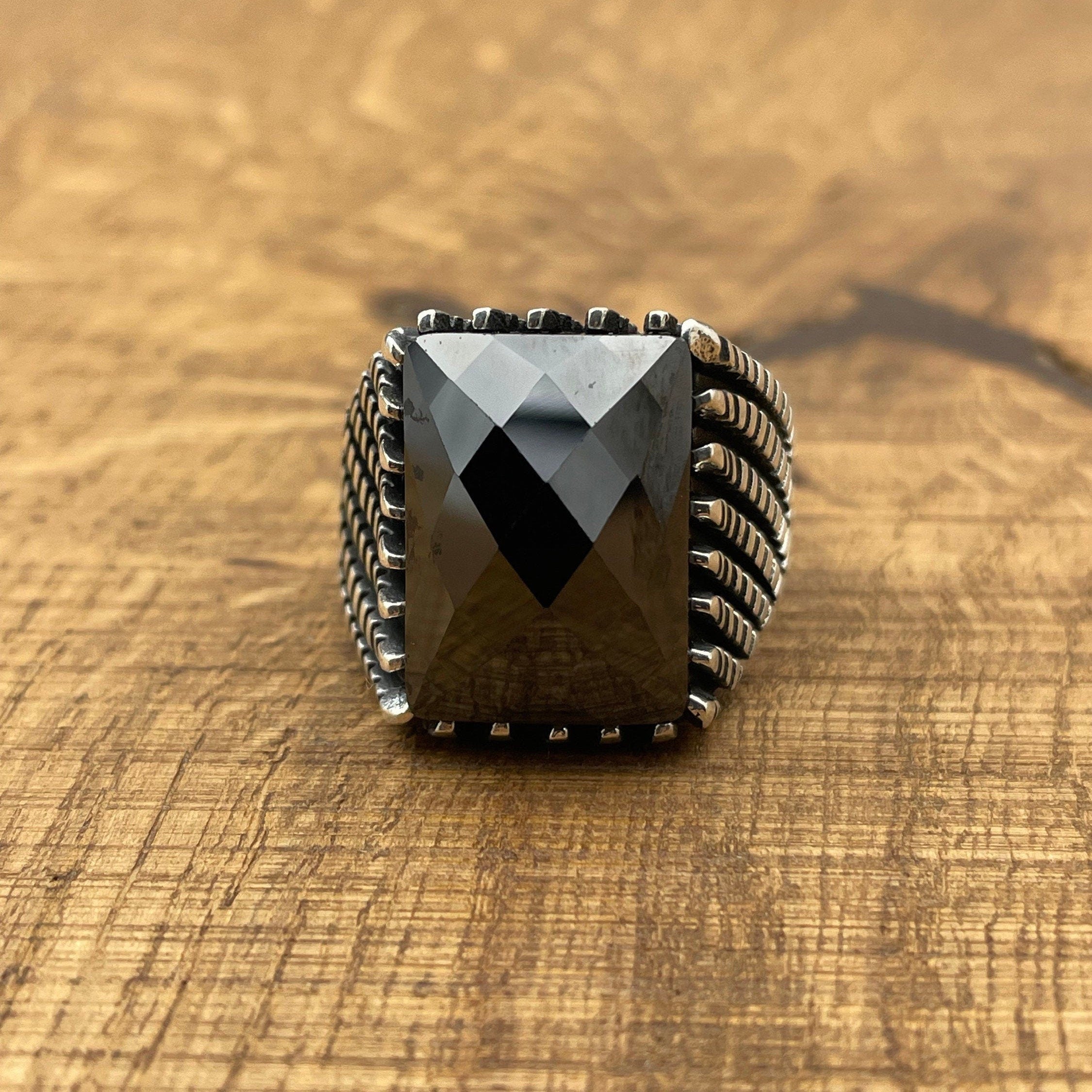 Handmade Turkish Men's Sterling Silver Black Zircon Ottoman Ring