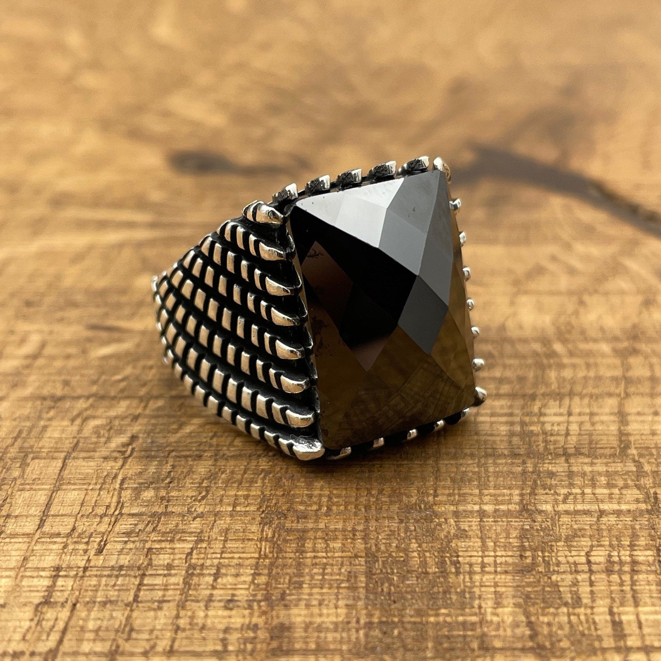 Handmade Turkish Men's Sterling Silver Black Zircon Ottoman Ring