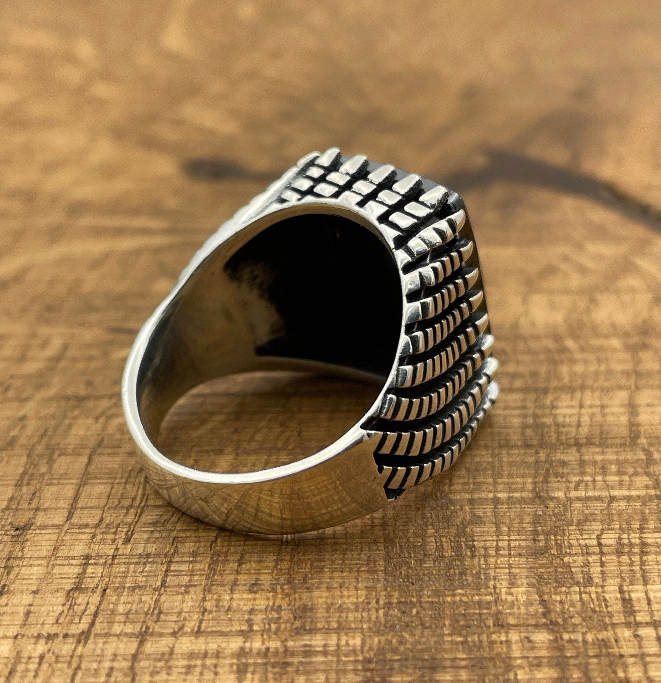 Handmade Turkish Men's Sterling Silver Black Zircon Ottoman Ring