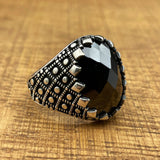 Elegant Ottoman Style Men's Handmade 925 Sterling Silver Ring - Oval Black Zircon Stone