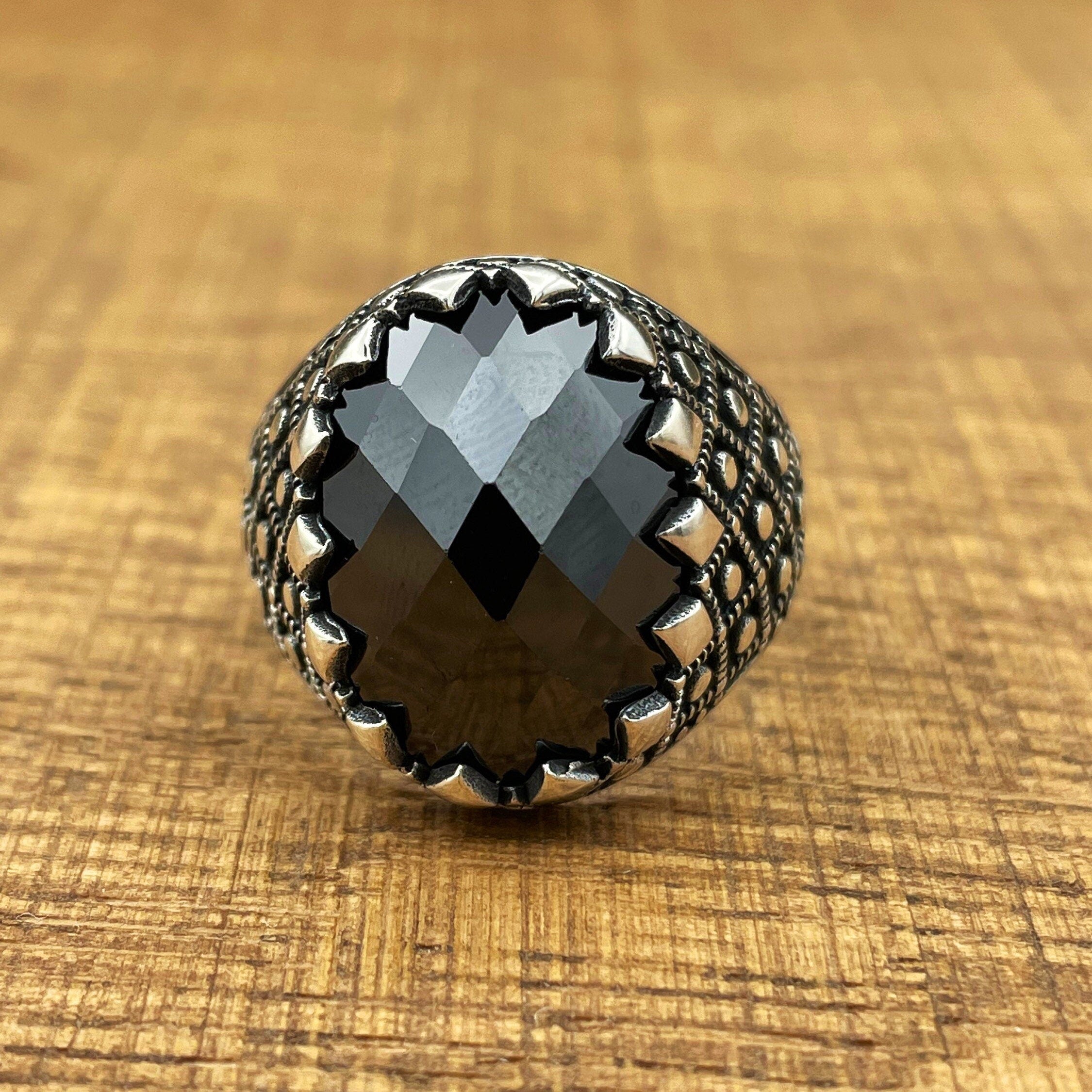 Elegant Ottoman Style Men's Handmade 925 Sterling Silver Ring - Oval Black Zircon Stone