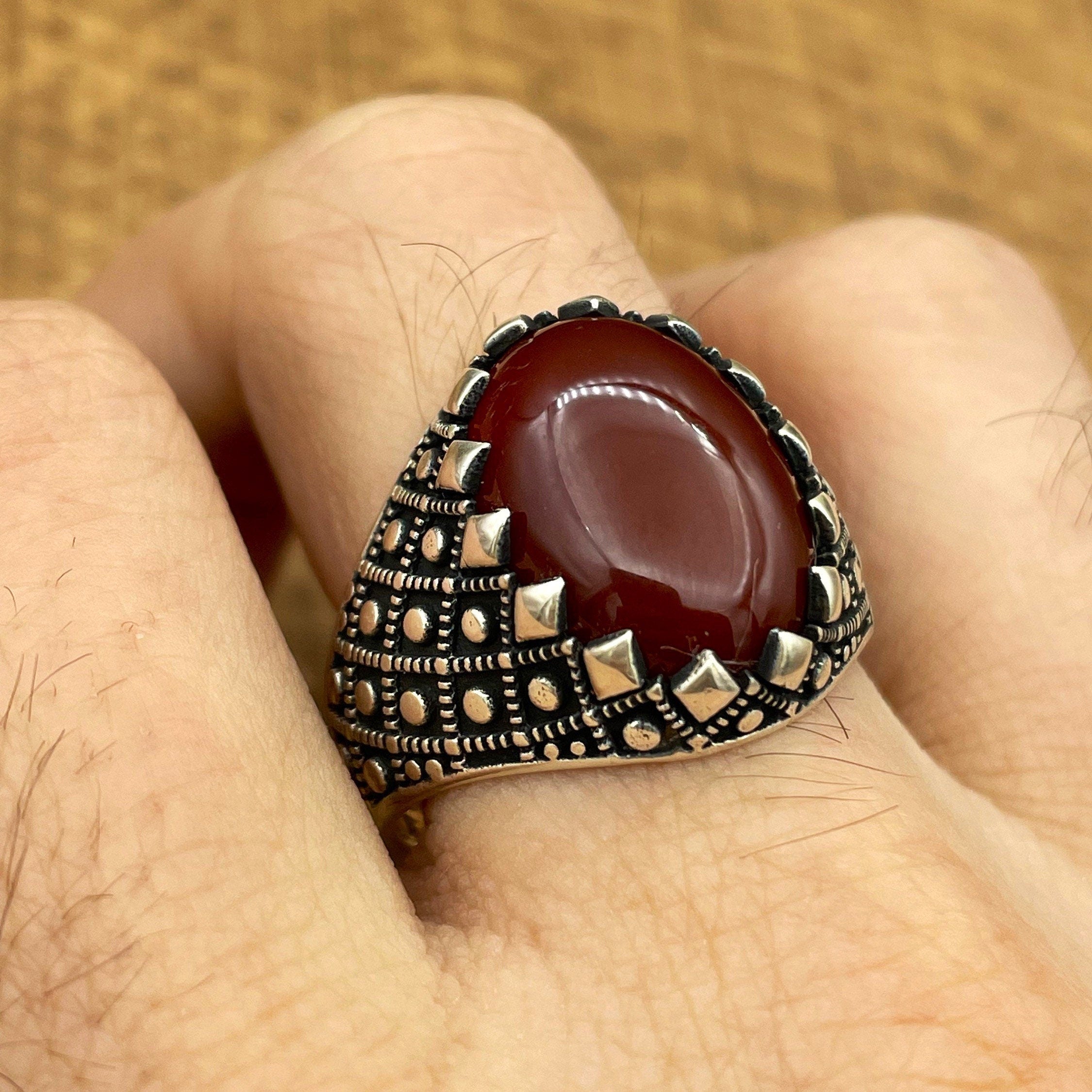 Exquisite Handmade Men's Ottoman Style 925 Sterling Silver Red Agate Ring - Authentic Turkish Craftsmanship