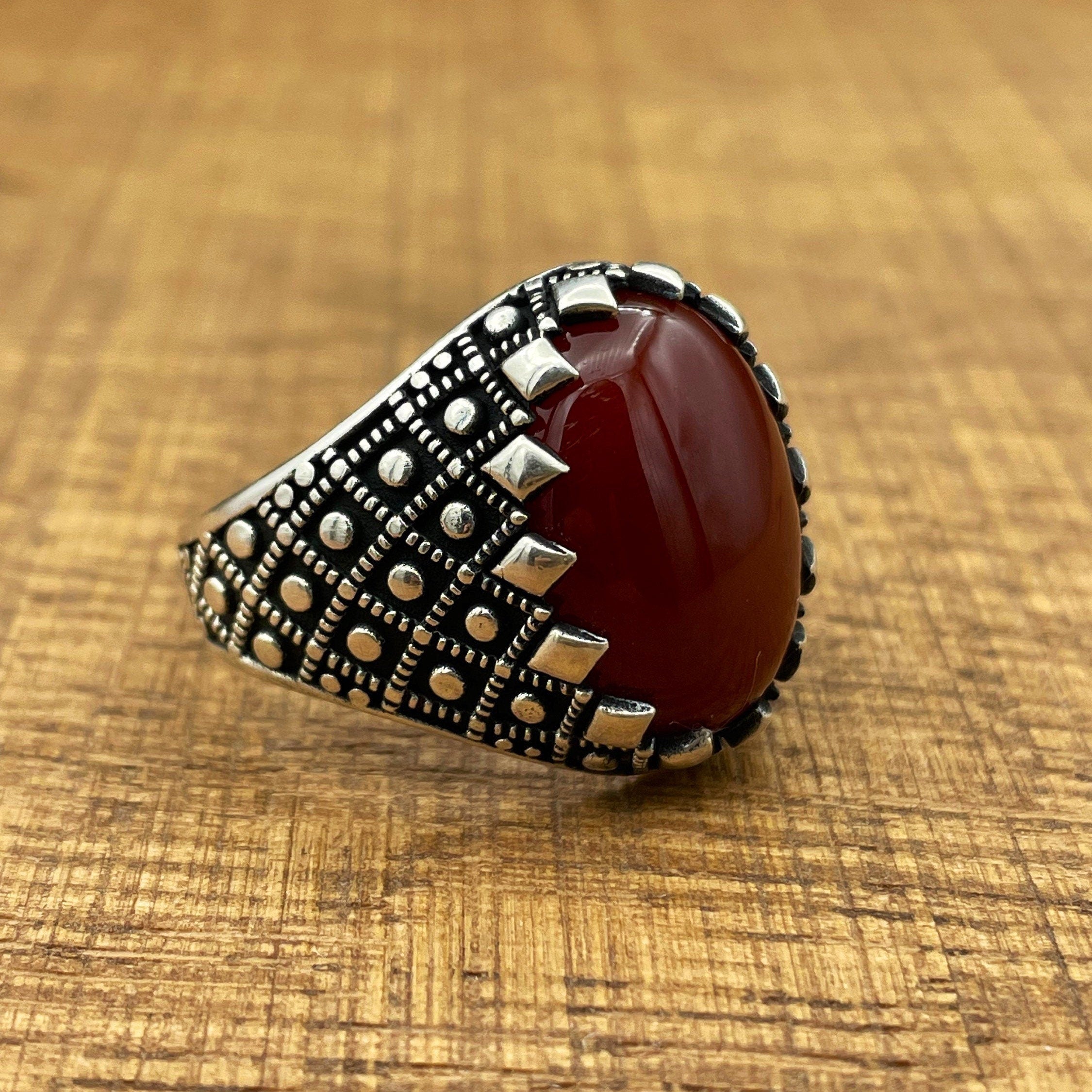 Exquisite Handmade Men's Ottoman Style 925 Sterling Silver Red Agate Ring - Authentic Turkish Craftsmanship