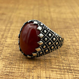 Exquisite Handmade Men's Ottoman Style 925 Sterling Silver Red Agate Ring - Authentic Turkish Craftsmanship