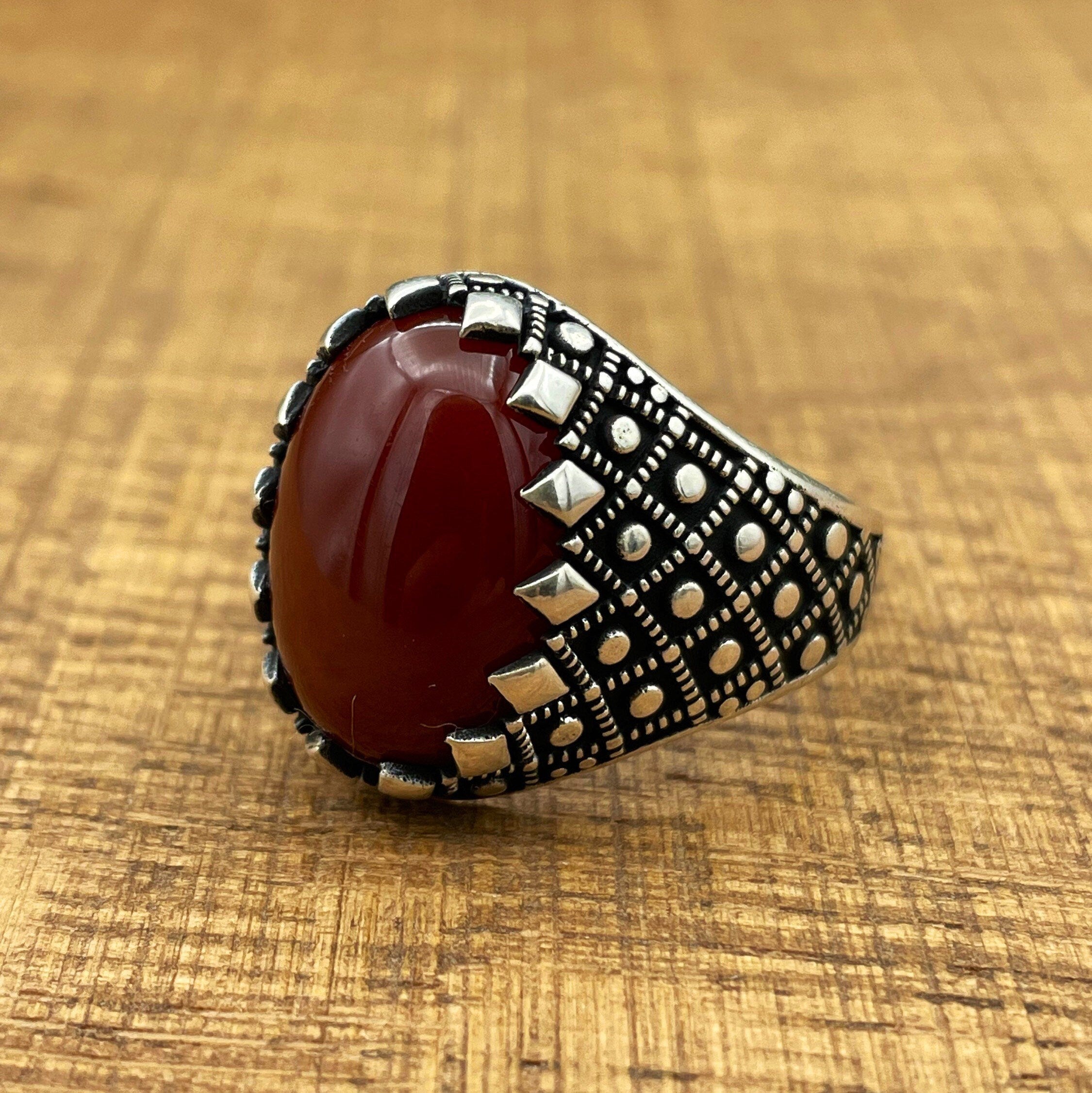 Exquisite Handmade Men's Ottoman Style 925 Sterling Silver Red Agate Ring - Authentic Turkish Craftsmanship