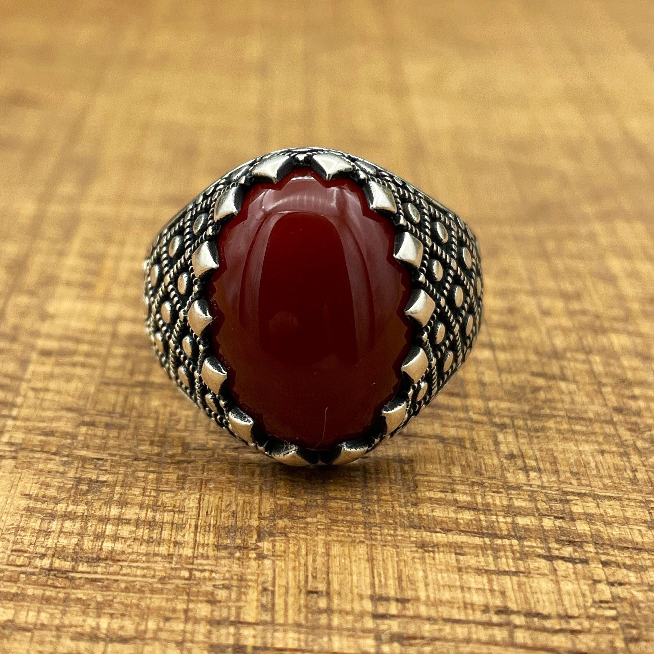 Exquisite Handmade Men's Ottoman Style 925 Sterling Silver Red Agate Ring - Authentic Turkish Craftsmanship