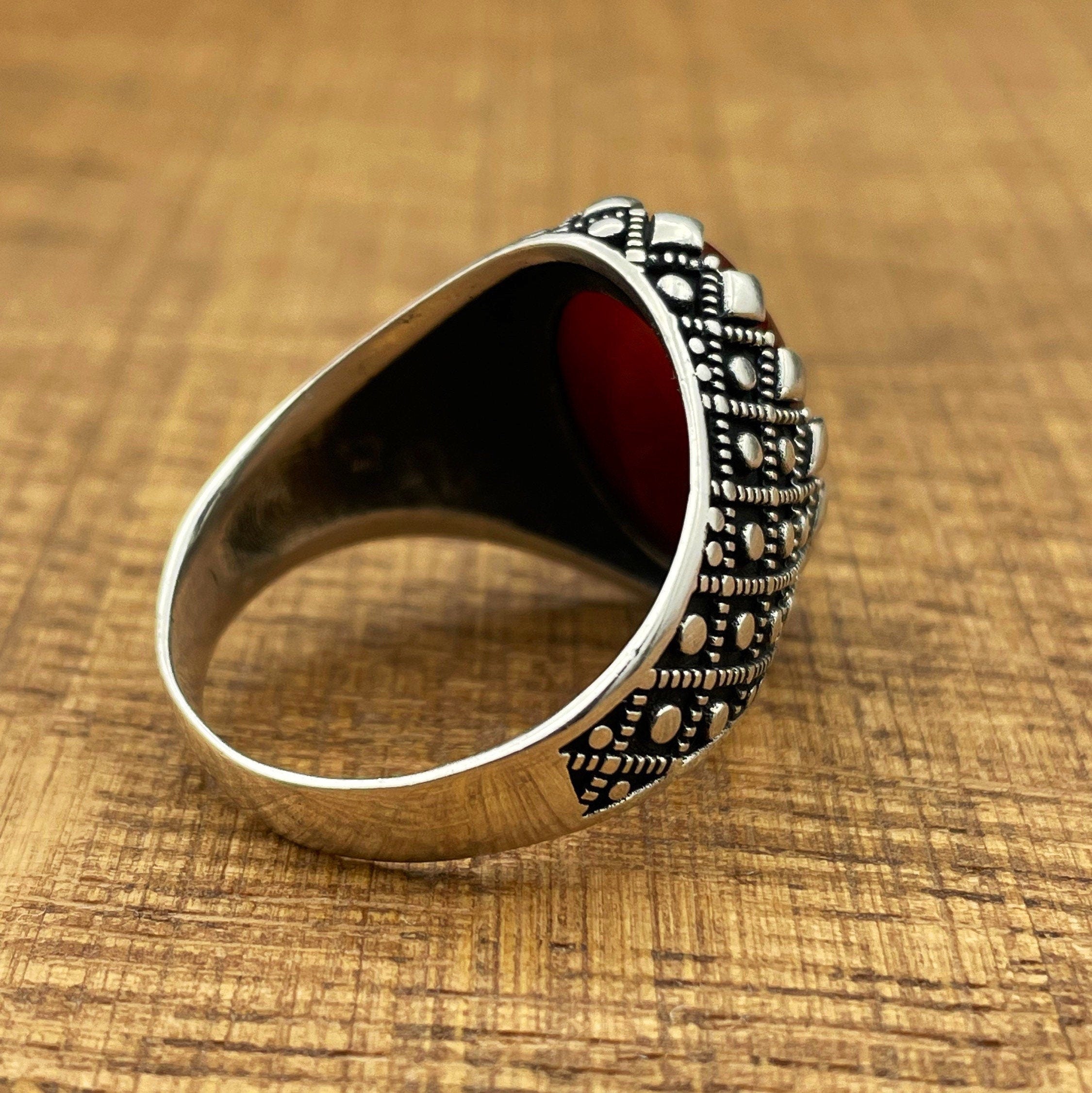 Exquisite Handmade Men's Ottoman Style 925 Sterling Silver Red Agate Ring - Authentic Turkish Craftsmanship