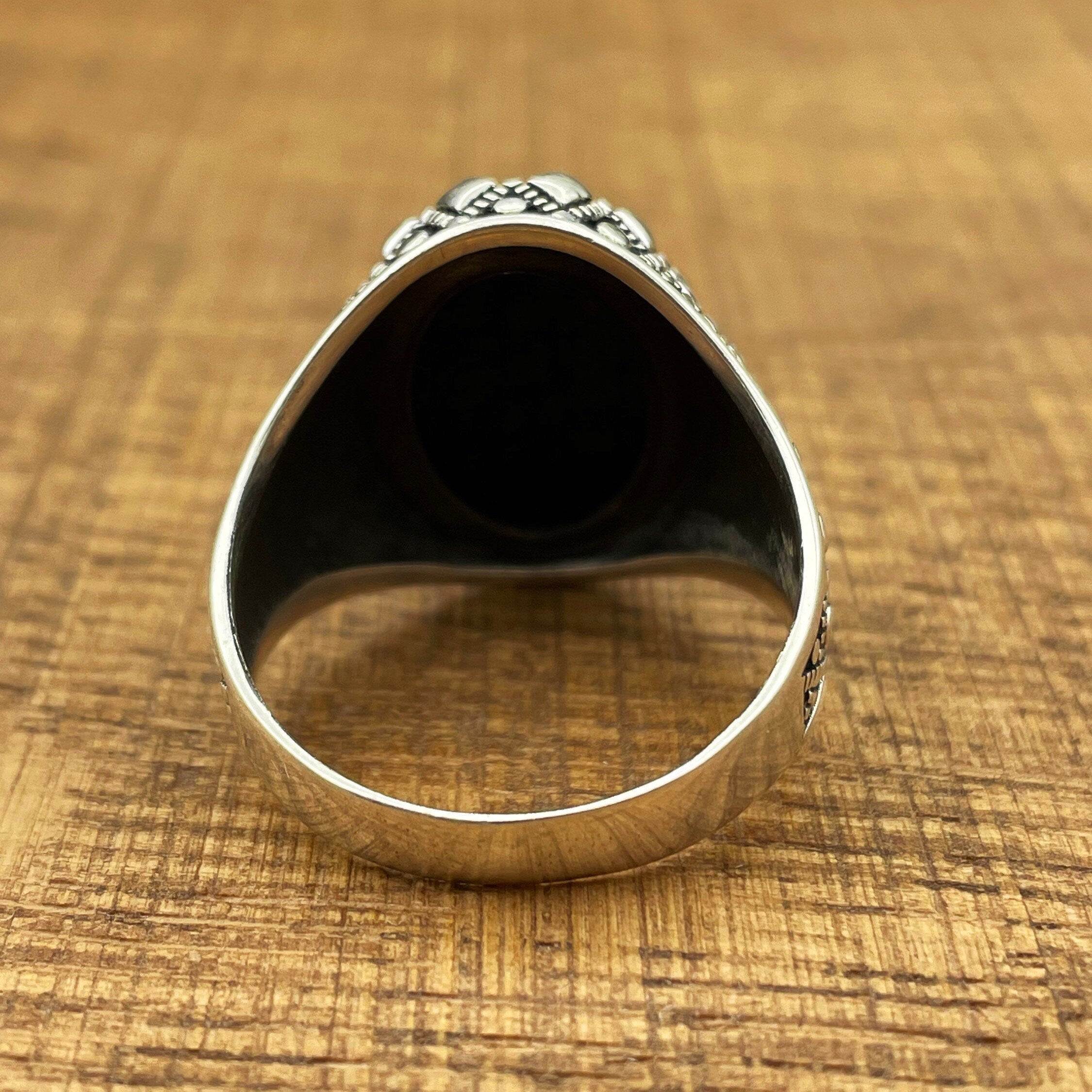 Handmade Sterling Silver Men's Ottoman Oval Black Onyx Ring