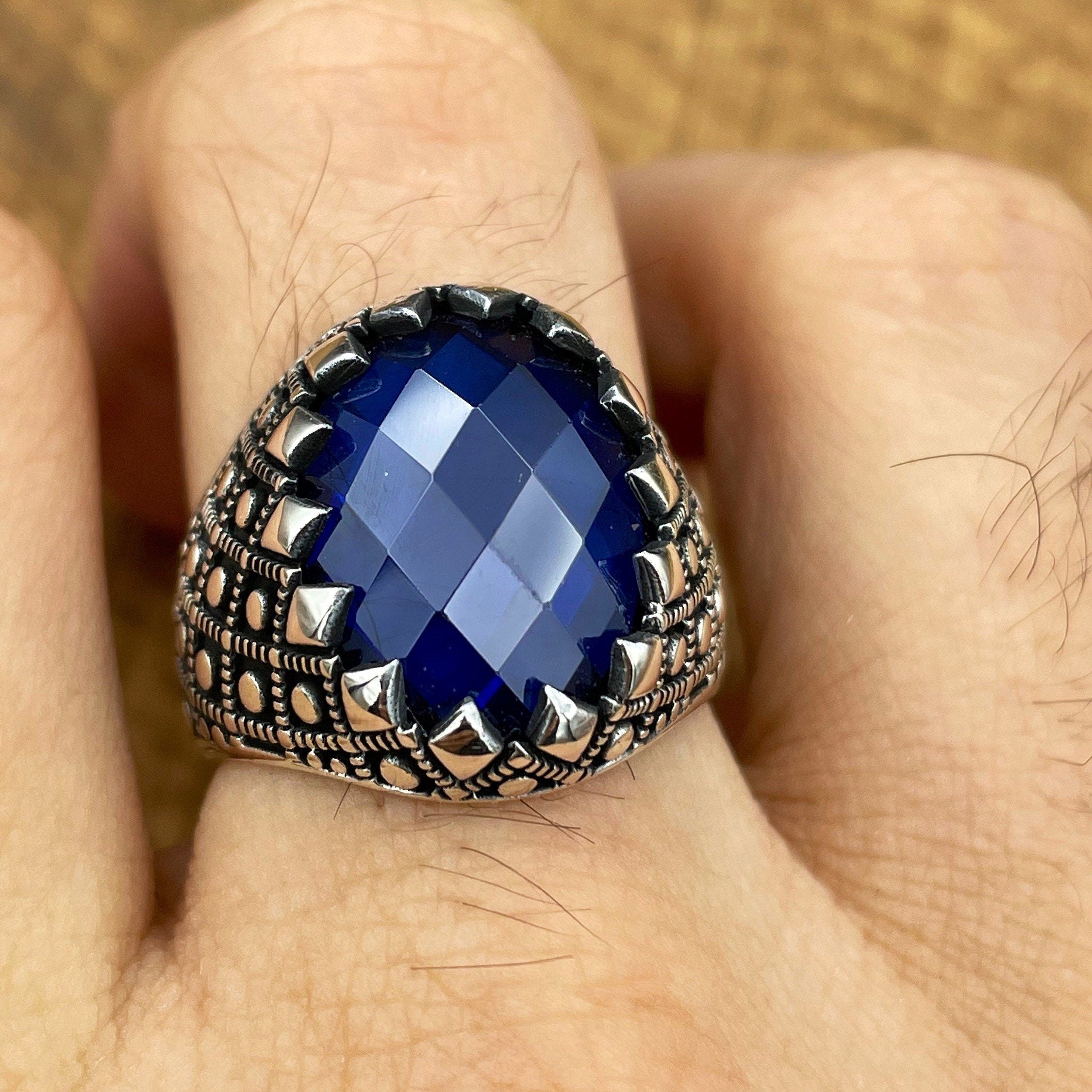 Handcrafted Ottoman Style Men's 925 Sterling Silver Ring with Oval Blue Zircon Stone - Elegant Gift for Him