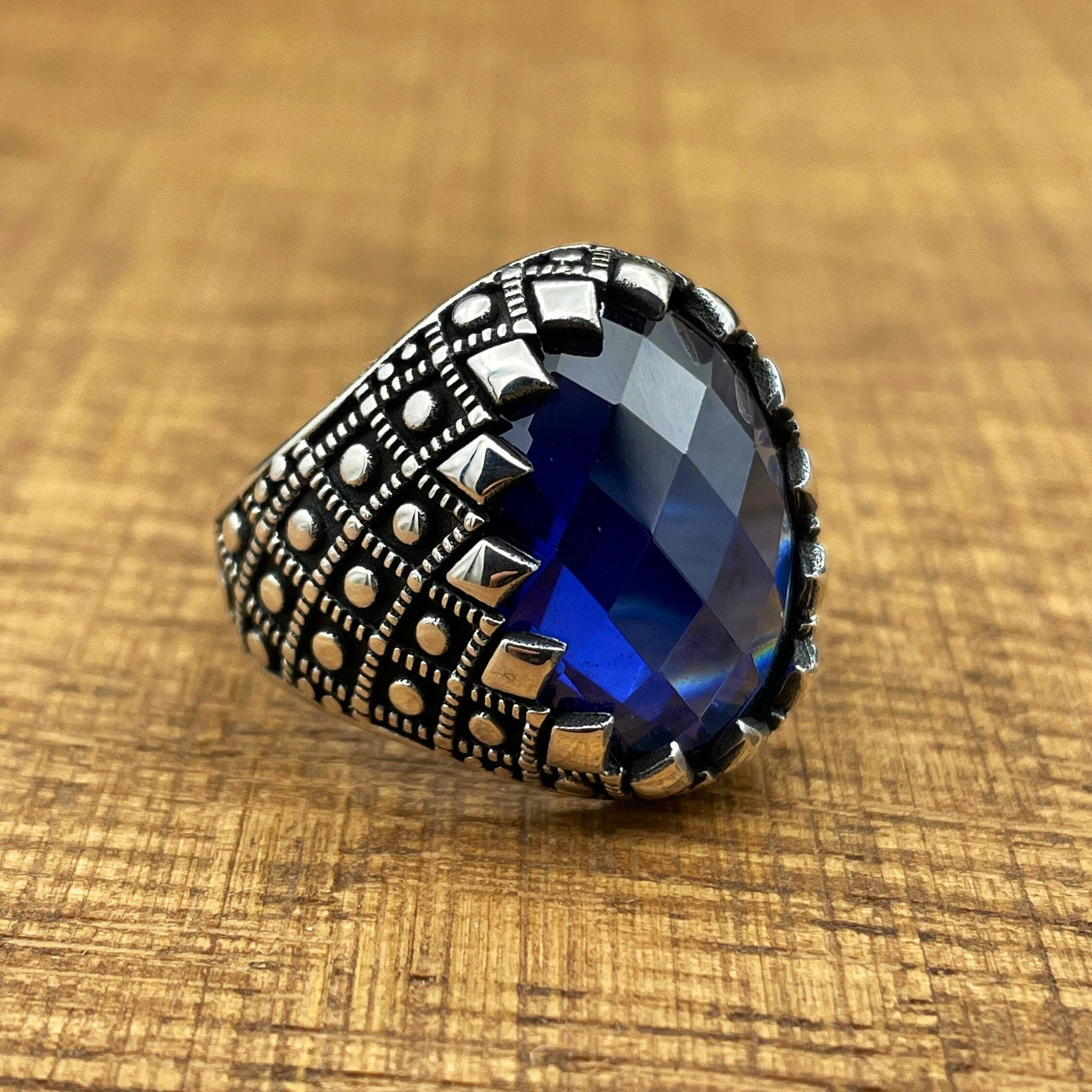 Handcrafted Ottoman Style Men's 925 Sterling Silver Ring with Oval Blue Zircon Stone - Elegant Gift for Him