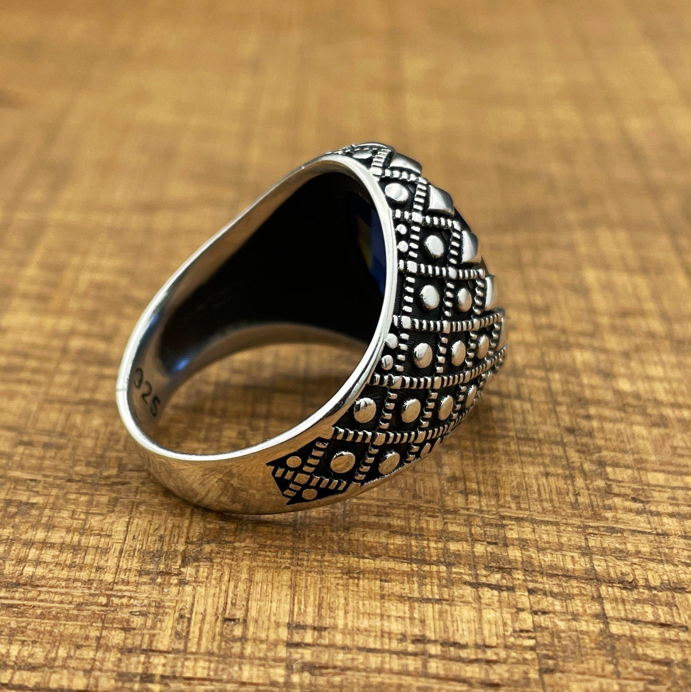 Handcrafted Ottoman Style Men's 925 Sterling Silver Ring with Oval Blue Zircon Stone - Elegant Gift for Him