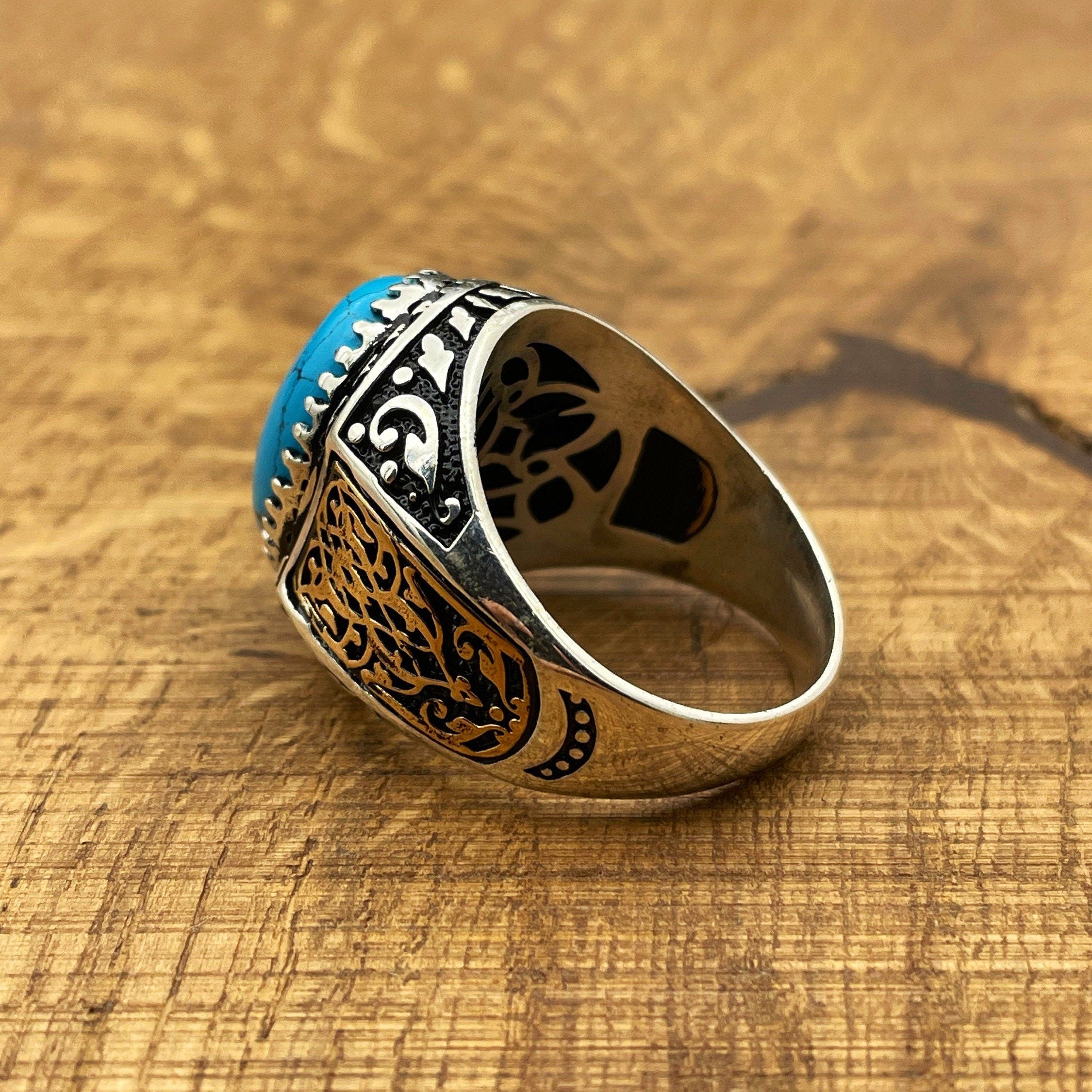 Handmade 925 Sterling Silver Men's Ring | Ottoman Style Oval Blue Turquoise | Elegant Gift for Him