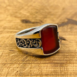 Authentic Handcrafted Men's Red Agate Square Ring | Ottoman Style 925 Sterling Silver Gemstone Jewelry