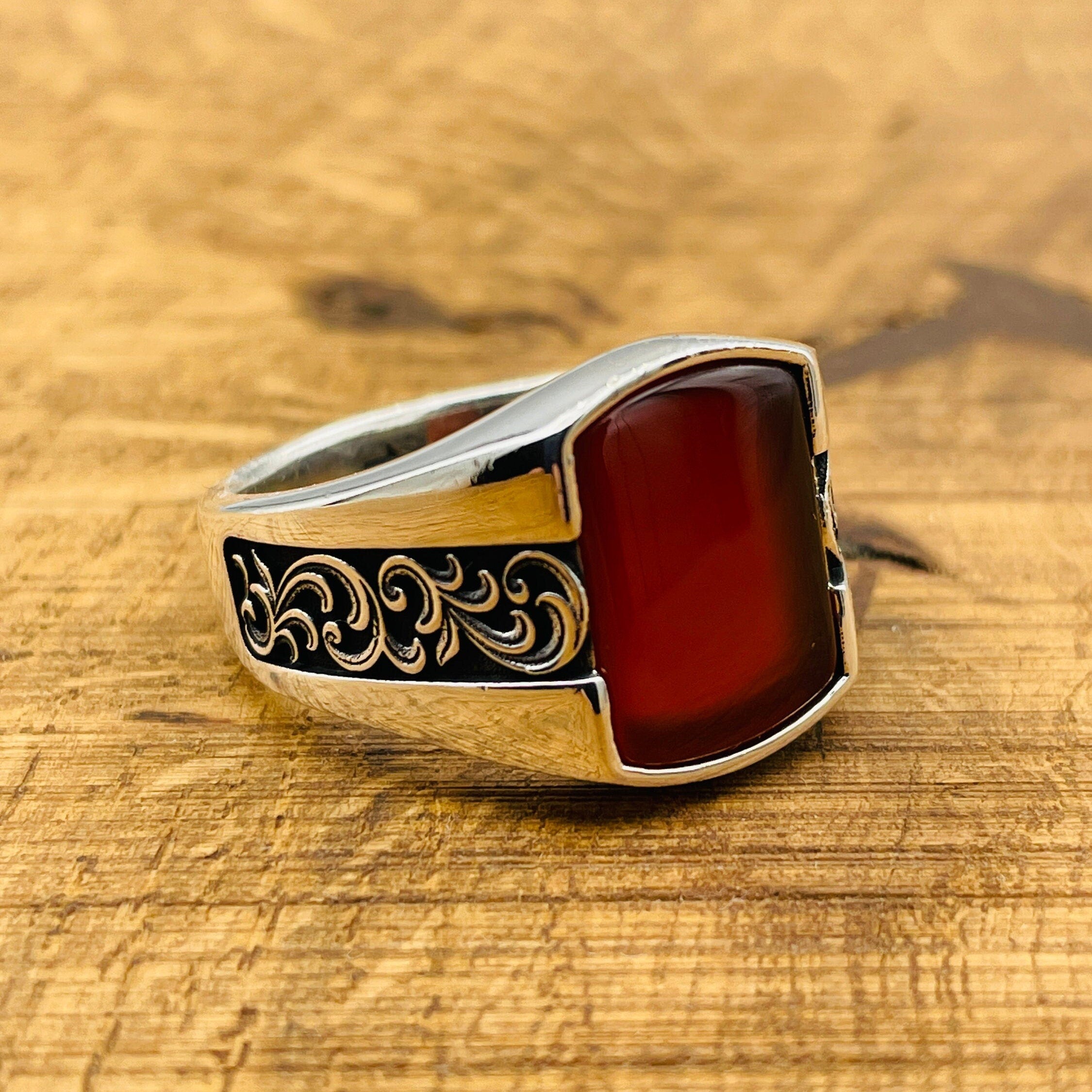 Authentic Handcrafted Men's Red Agate Square Ring | Ottoman Style 925 Sterling Silver Gemstone Jewelry
