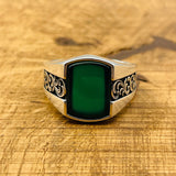 Men's Handmade Green Agate 925K Sterling Silver Ottoman Turkish Ring - Unique Gift for Him