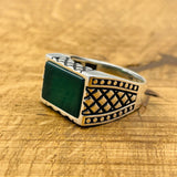 Men's Rectangle Green Agate Stone Ring