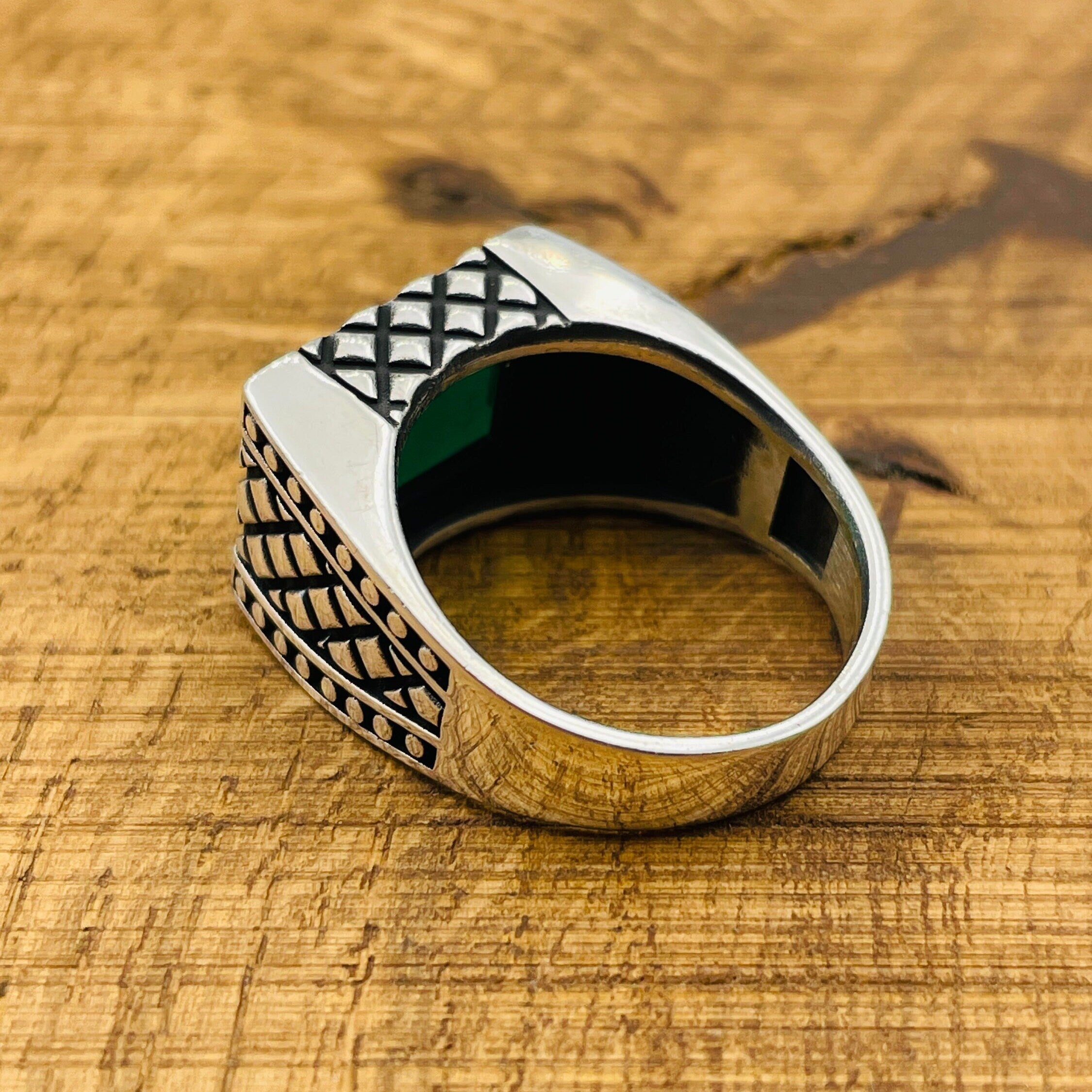 Men's Rectangle Green Agate Stone Ring