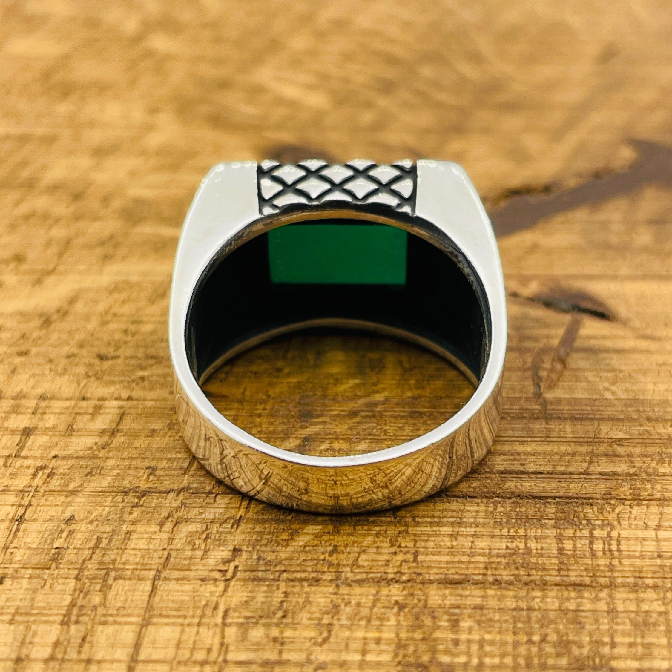 Men's Rectangle Green Agate Stone Ring
