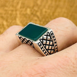 Men's Rectangle Green Agate Stone Ring