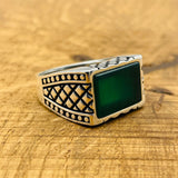 Men's Rectangle Green Agate Stone Ring